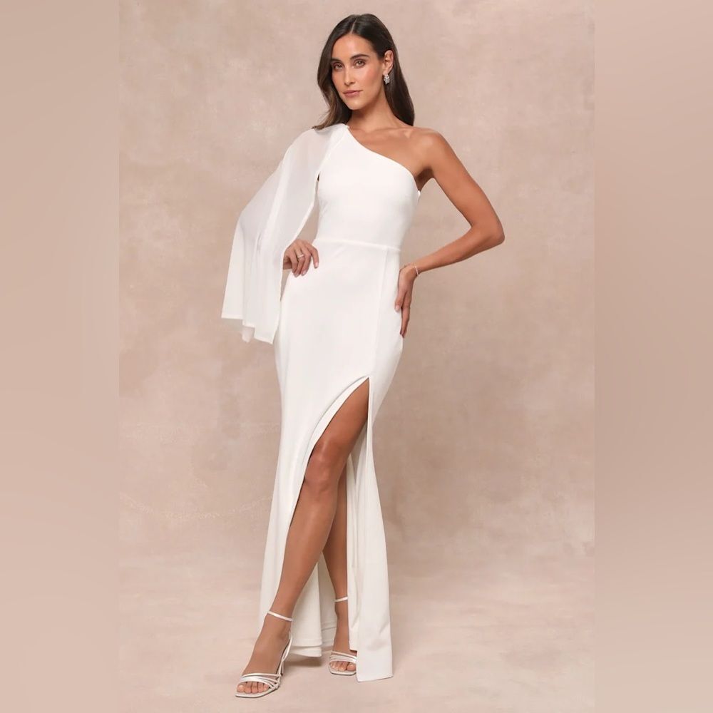 Lulus Majestic Attitude White Cape Sleeve One-Shoulder Maxi Dress